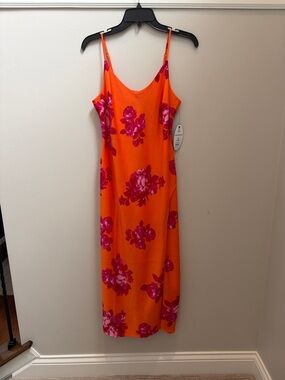 NWT Scoop Orange Floral Satin Slip Dress with Pink Blooms Size S 4-6